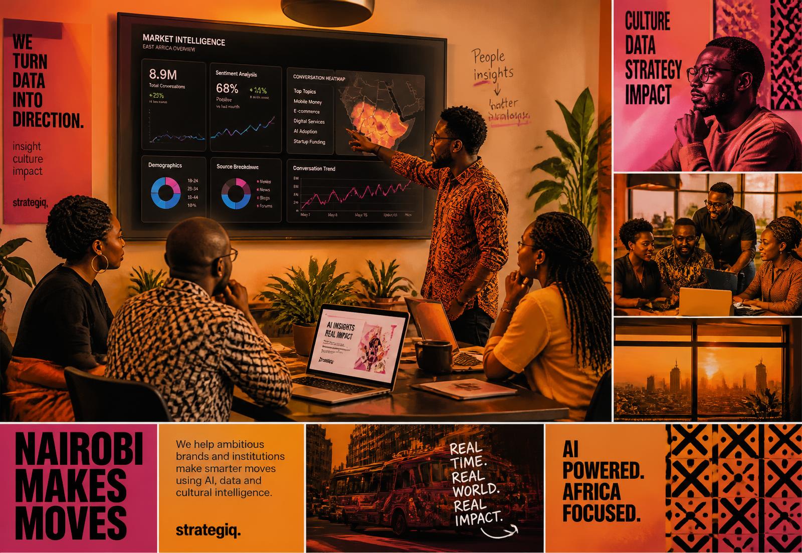 Nairobi marketing strategists reviewing AI campaign dashboards in a studio