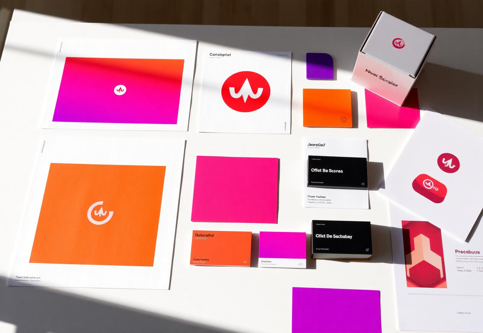 Brand identity design materials, colour swatches and packaging mockups