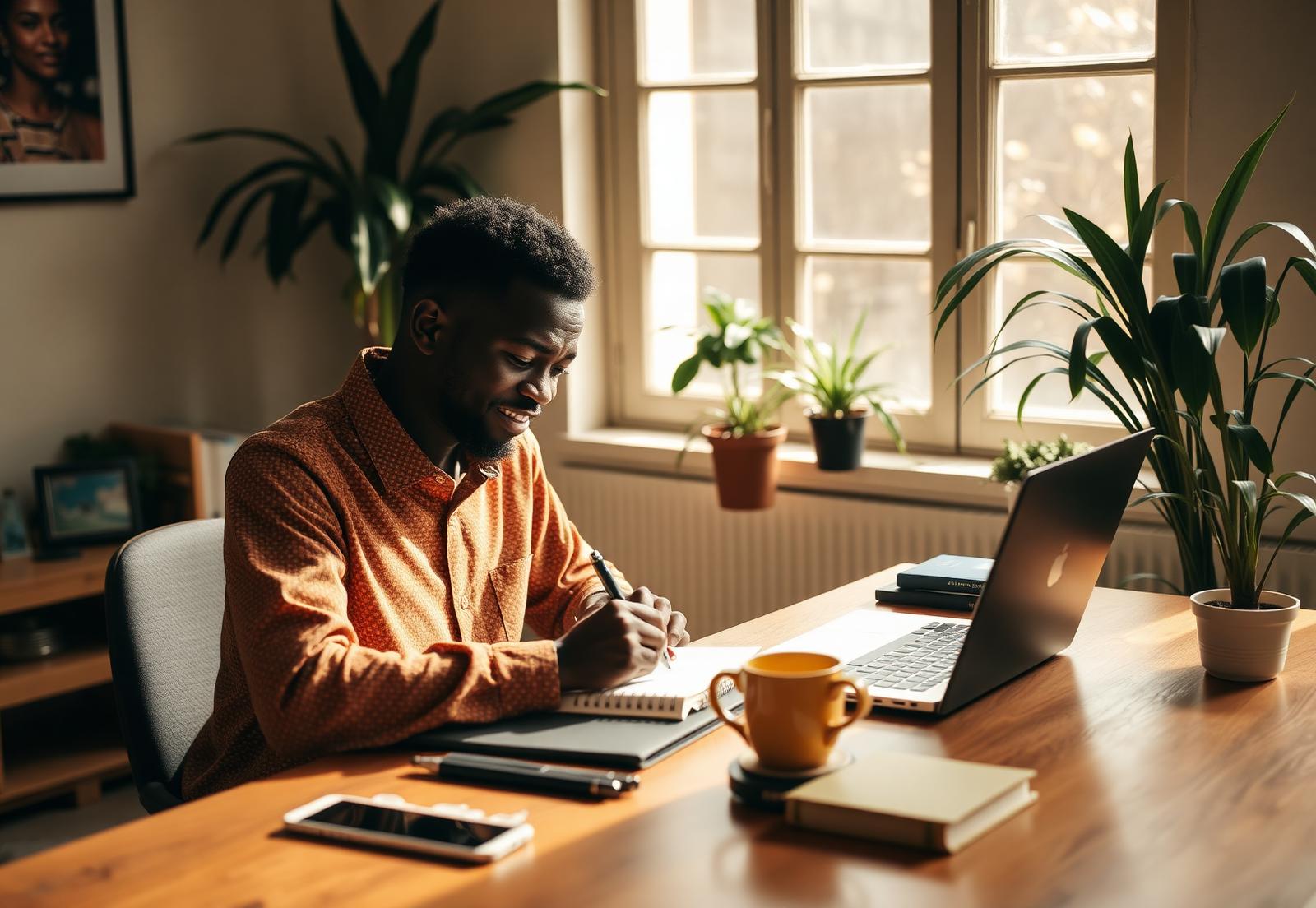 Copywriter drafting marketing content at a sunlit desk