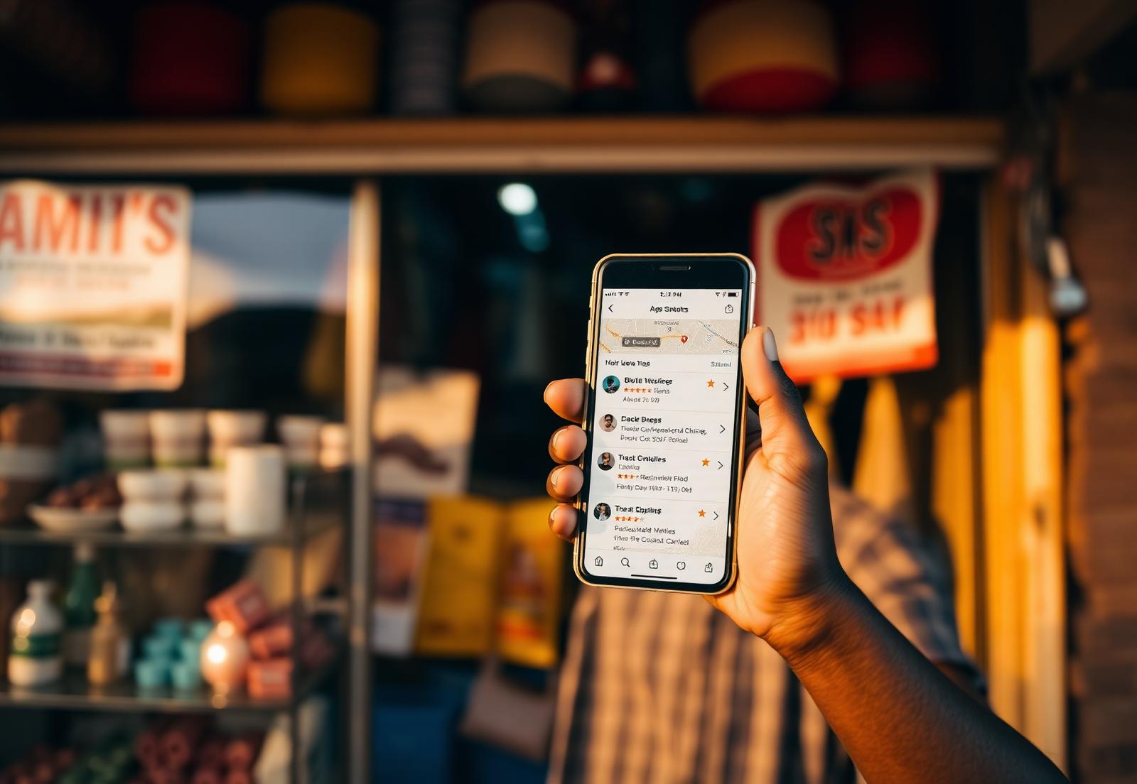 Shop owner checking their business listing and reviews on a phone