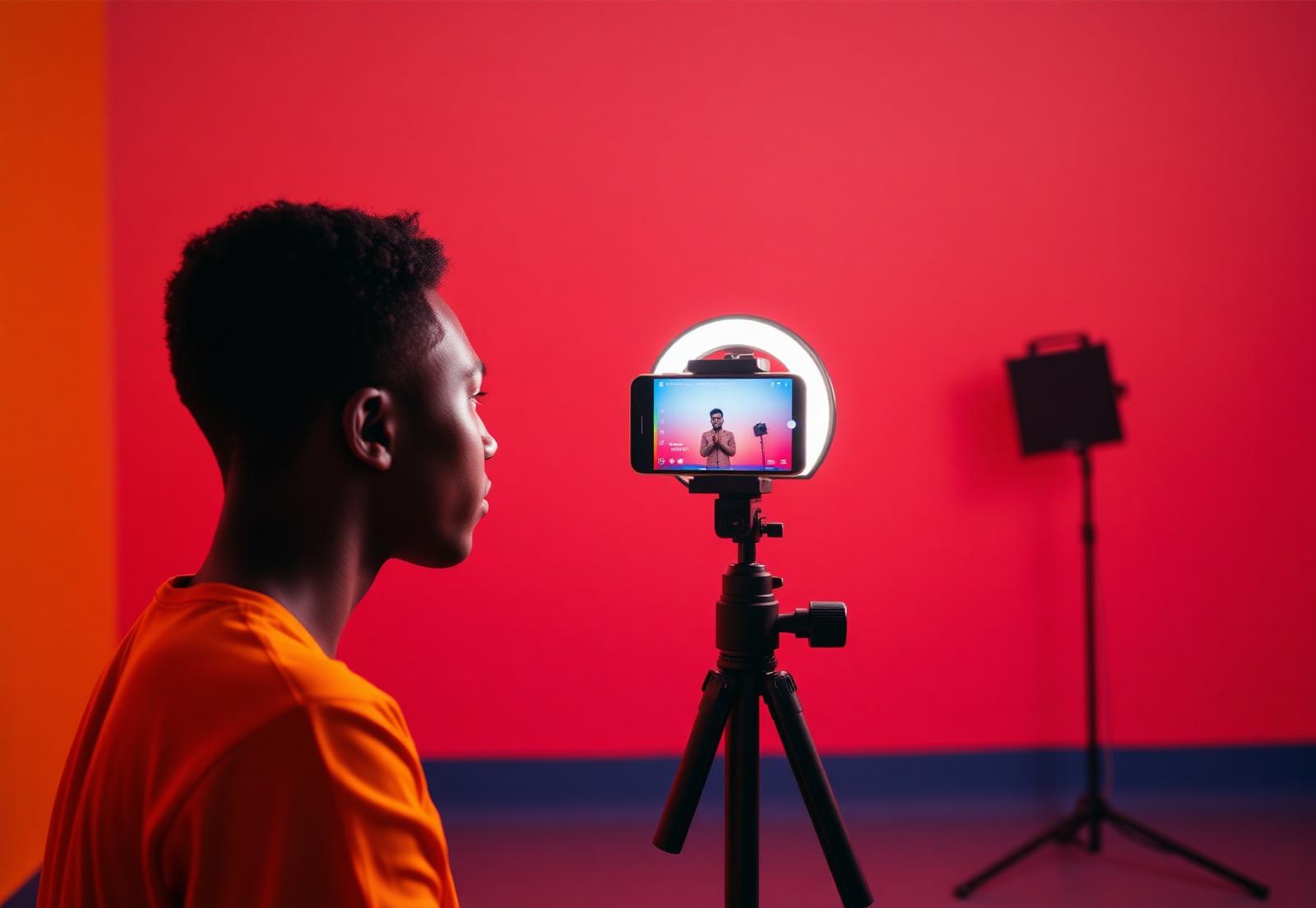 Creator filming a social media advert with a smartphone and ring light