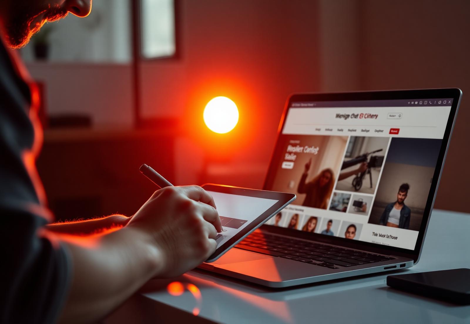 Designer sketching a responsive website layout beside a laptop
